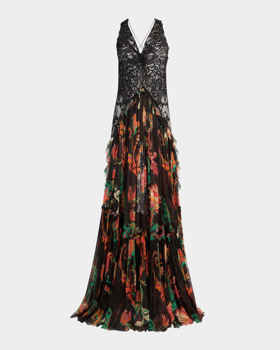 Mixed-Media V-Neck Lace Backless Gown